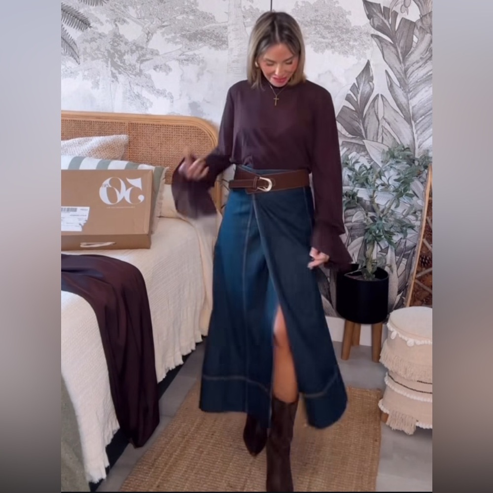ZARA BELTED DENIM MIDI WRAP SKIRT Z1975 BLUE MEDIUM